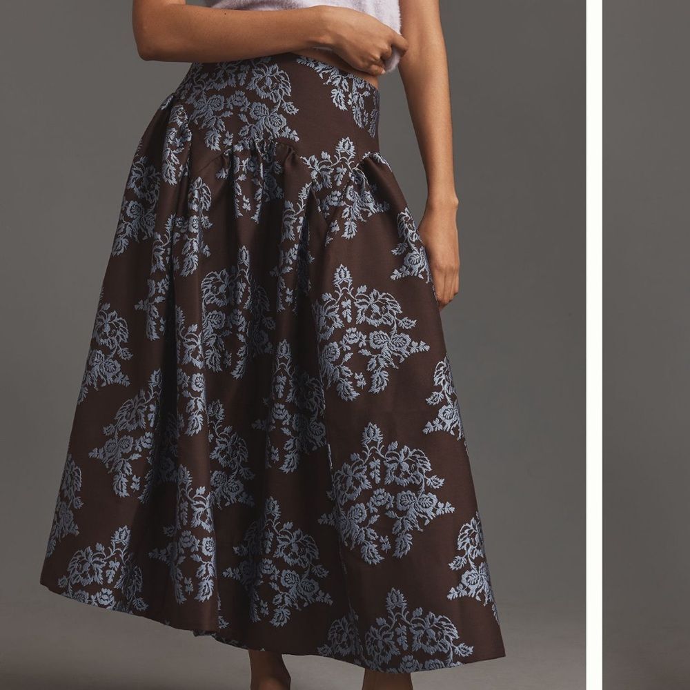 By Anthropologie Brocade Midi Elegant Brown Patterned Skirt NWT 2P
